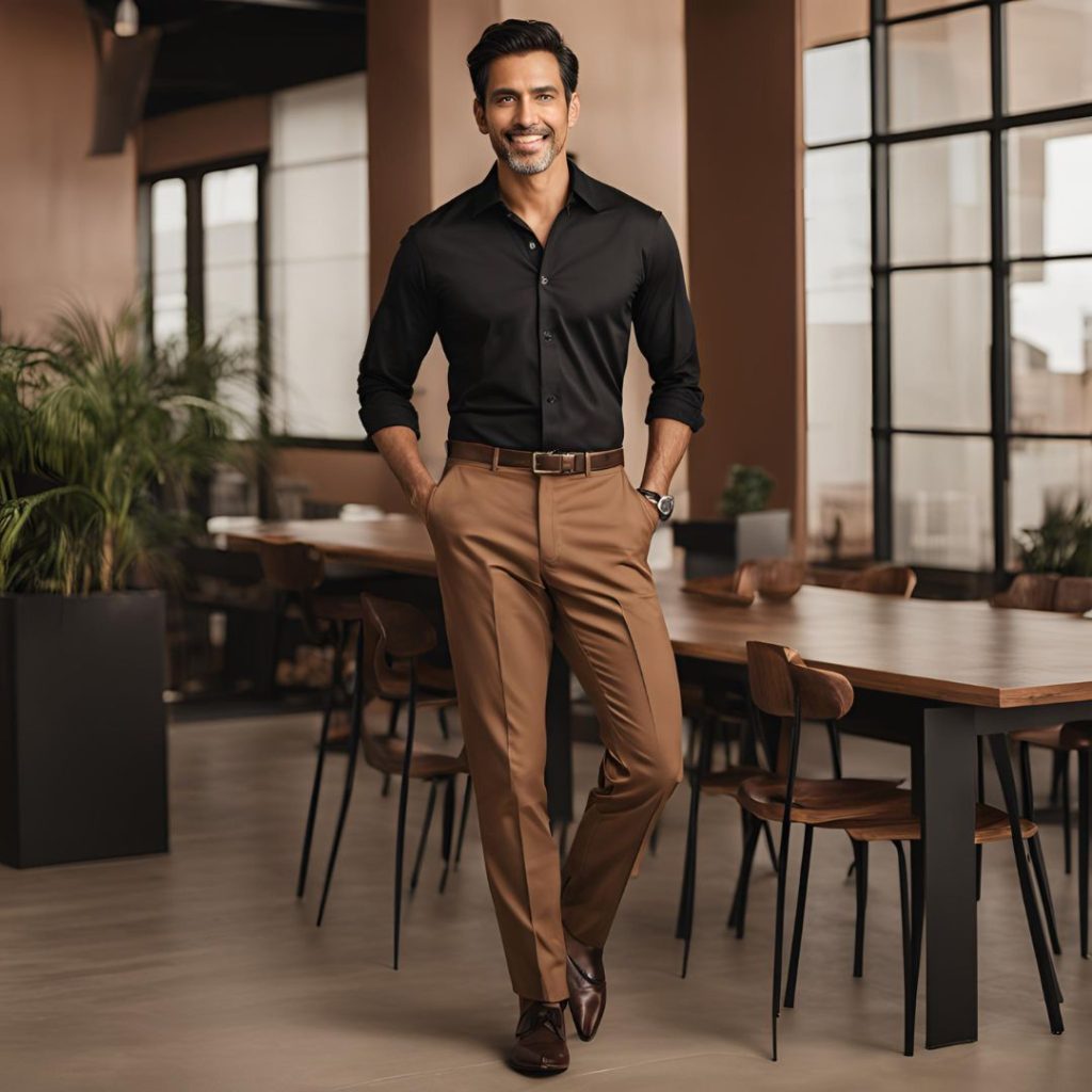 brown pants with black shirt 